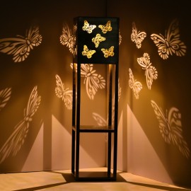 Outdoor Solar Floor Lamp with Shelves 2-Layer Metal Shelf Standing Light with Decoration Patterns for Patio Balcony Courtyard Hallway Garden