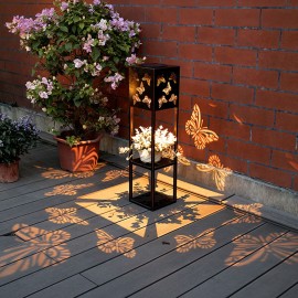 Outdoor Solar Floor Lamp with Shelves 2-Layer Metal Shelf Standing Light with Decoration Patterns for Patio Balcony Courtyard Hallway Garden