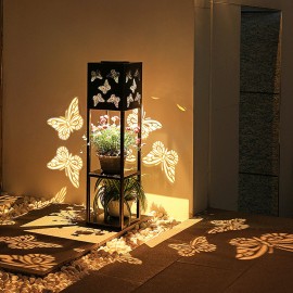 Outdoor Solar Floor Lamp with Shelves 2-Layer Metal Shelf Standing Light with Decoration Patterns for Patio Balcony Courtyard Hallway Garden