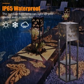 Outdoor Solar Floor Lamp with Shelves 2-Layer Metal Shelf Standing Light with Decoration Patterns for Patio Balcony Courtyard Hallway Garden