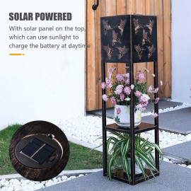Outdoor Solar Floor Lamp with Shelves 2-Layer Metal Shelf Standing Light with Decoration Patterns for Patio Balcony Courtyard Hallway Garden
