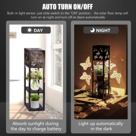 Outdoor Solar Floor Lamp with Shelves 2-Layer Metal Shelf Standing Light with Decoration Patterns for Patio Balcony Courtyard Hallway Garden