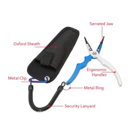 Aluminum Fishing Pliers Split Ring Cutters Hooks Remover Fishing Holder Tackle with Oxford Sheath and Security Landyard