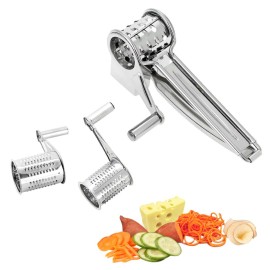 Stainless Steel Manual Rotary Cheese Grater Slicer Multi-Purpose Cheeses Carrots Cucumbers Cutter Shredder with 3 Interchanging Drums