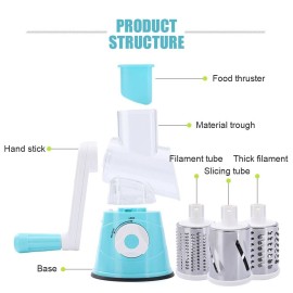 Multifunctional Vegetable Grater Rotary Cheese Grater Vegetable Slicer 3 Interchangeable Blades Easy Clean Rotary Grater Slicer for Fruit Vegetables Nuts Kitchen   Gadgets