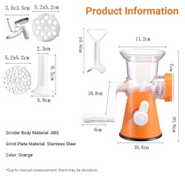 Manual Meat Grinder Food Grinder Hand Meat Processor Mincer Grinding Machine with Suction Base 1 Sausage Stuffing Tube 2 Grinding Plates 1 Food Pusher for Home Kitchen