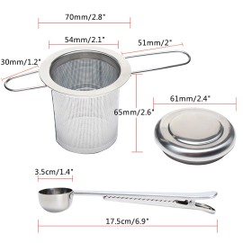 3PCs Tea Infuser Tea Scoop Clip Kit with Tea Lid Food-grade Thickened Stainless Steel Strainer for Loose Tea Fine Mesh Fits Standard Cups Mugs Teapots for Brewing Steeping Tea