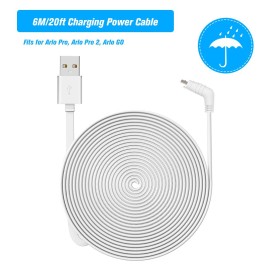 6M/20ft Charging Power Cable Fits for Arlo Pro, Arlo Pro 2, Arlo GO Weatherproof Indoor/Outdoor Flat Cable Aluminium Alloy Micro USB Cable Charging/Power Cord without Plug, 1 Pack (White)
