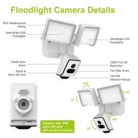 Outdoor Floodlight Security Camera, 2MP WiFi IP Cameras with Flood Light,Night Vision IP55 Waterproof, PIR Motion Detection,Two-Way Audio