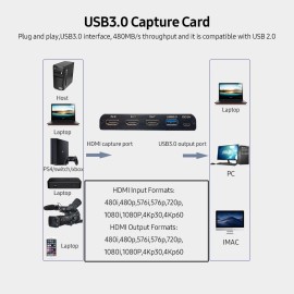 NK-X6 HDMI to USB3.0 Video Capture Card 4K 1080P HDMI 2-in-1 Switcher&Audio Compatible with PS4/XBOX/Recording/Live Streaming