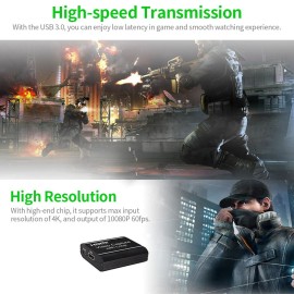 HD Video Capture Card with HD Loop-out USB 3.0 Capture Card Live Streaming Video Converter 4K Input 1080P 60fps Output Black