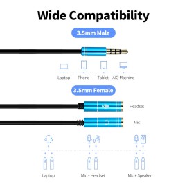 3.5mm TRRS Male to 2 Female Audio Cable Headphone Splitter 3.5mm Y Splitter for Headset Mic Compatible with Phone/Tablet, Blue