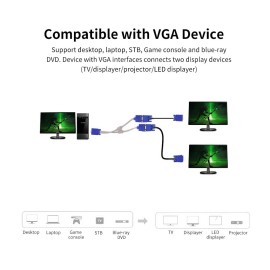 VGA Cable 1 Male to 2 Female VGA Adapter Cable for Desktop/Laptop/Projector/STB with Dual Magnetic Ring