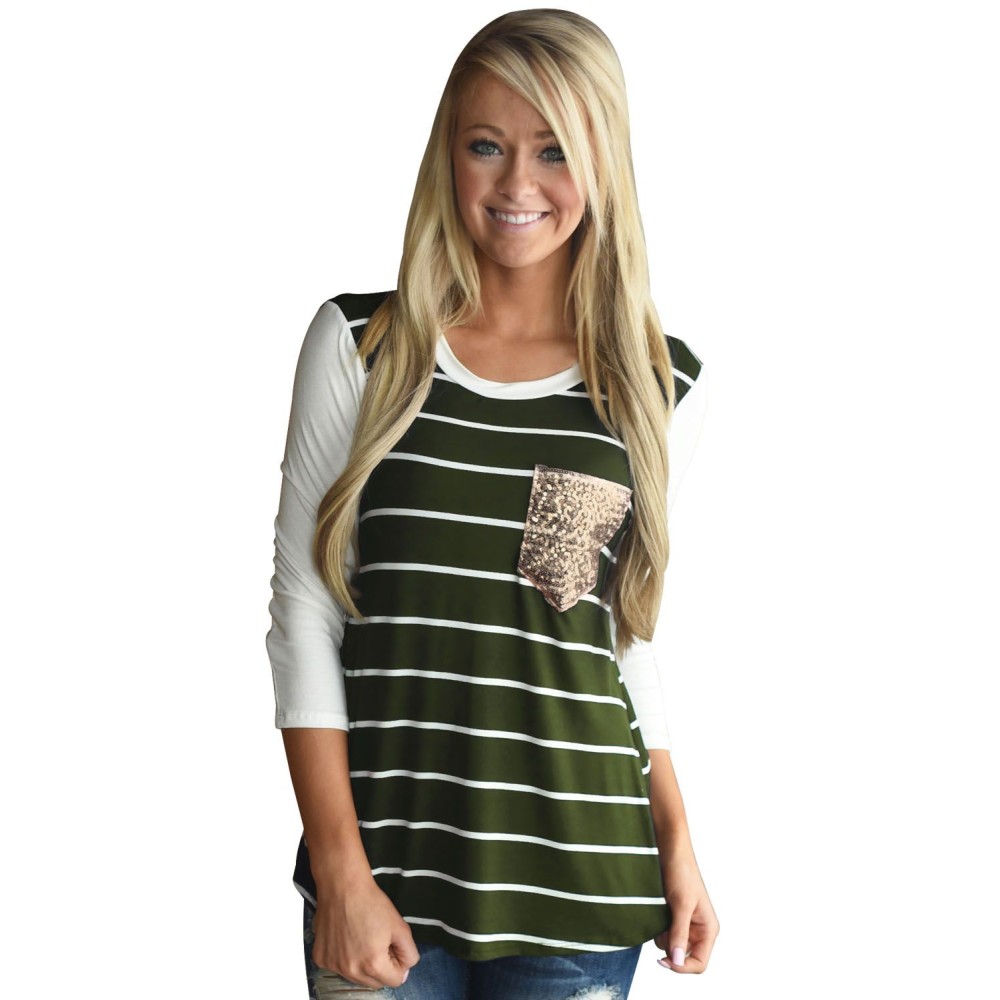 Green White Stripe Sequin Pocket Top