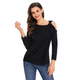 Black Asymmetric Draped Cold Shoulder Top