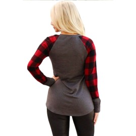 Red Black Plaid Sleeve Taupe Top