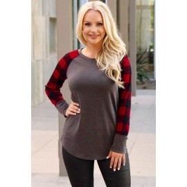 Red Black Plaid Sleeve Taupe Top