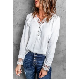 Lace Splicing Button V Neck Long Sleeve Top