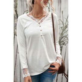 Lace Splicing Button V Neck Long Sleeve Top