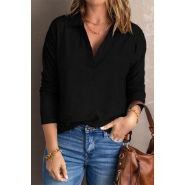 Black Turn-down V Neck Long Sleeve Top