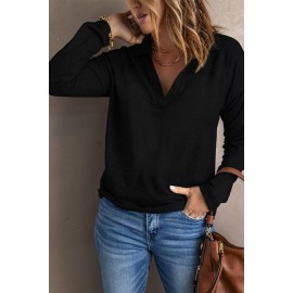 Black Turn-down V Neck Long Sleeve Top