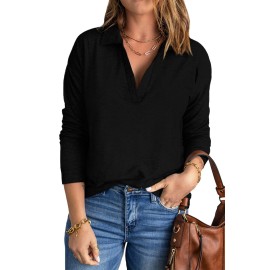 Black Turn-down V Neck Long Sleeve Top