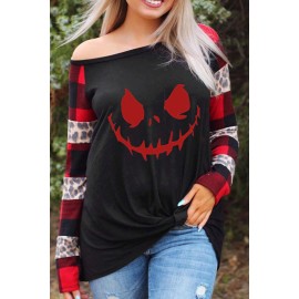 Plaid Leopard Sleeve Halloween Ghost Print Top 