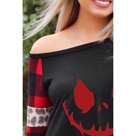 Plaid Leopard Sleeve Halloween Ghost Print Top 