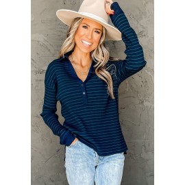 Navy Striped Ribbed Knit Polo Top