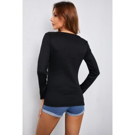 Black Ribbed Front Button Mock Pockets Long Sleeve Top