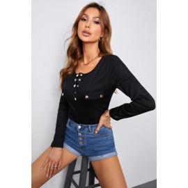 Black Ribbed Front Button Mock Pockets Long Sleeve Top