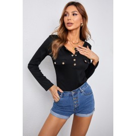 Black Ribbed Front Button Mock Pockets Long Sleeve Top