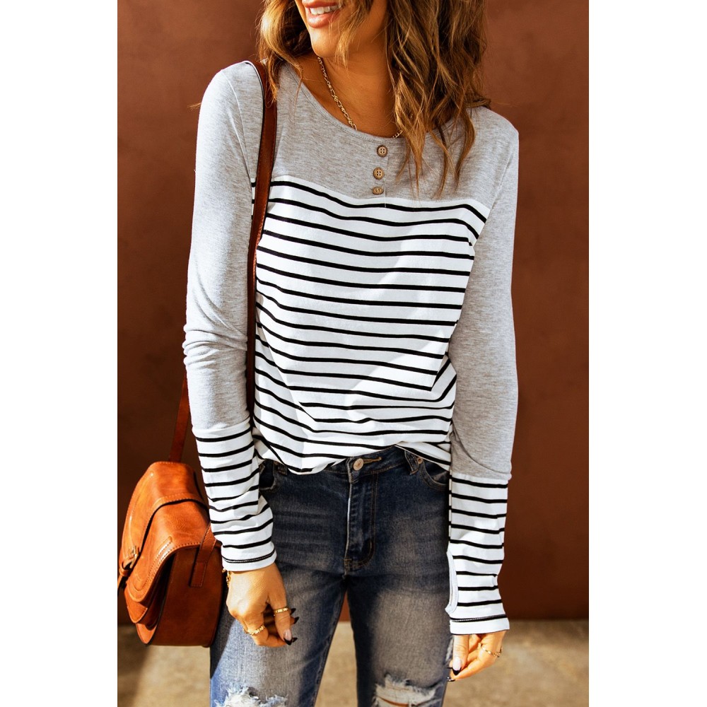 Striped Color Block Round Neck Long Sleeve Top