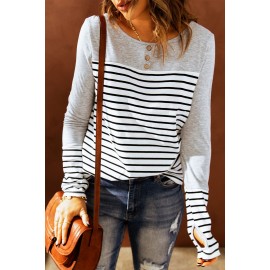 Striped Color Block Round Neck Long Sleeve Top