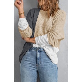 Color Block Crew Neck Waffle Knit Top