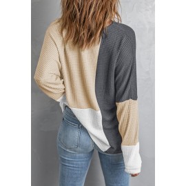 Color Block Crew Neck Waffle Knit Top