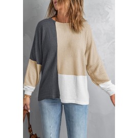 Color Block Crew Neck Waffle Knit Top