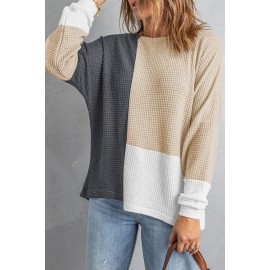Color Block Crew Neck Waffle Knit Top