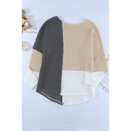 Color Block Crew Neck Waffle Knit Top