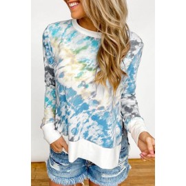 Blue High Low Hem Tie-dye Print Top with Slits