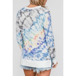 Blue High Low Hem Tie-dye Print Top with Slits