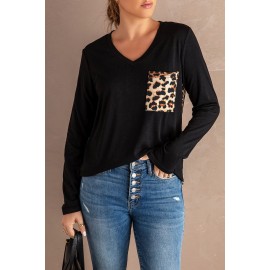 Black Leopard Patch Pocket Long Sleeve Top