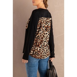 Black Leopard Patch Pocket Long Sleeve Top