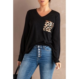 Black Leopard Patch Pocket Long Sleeve Top