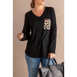 Black Leopard Patch Pocket Long Sleeve Top