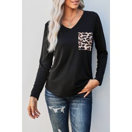 Black Leopard Patch Pocket Long Sleeve Top