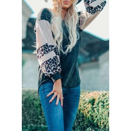 Gray Knit Contrast Puff Leopard Sleeves Top