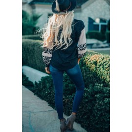 Gray Knit Contrast Puff Leopard Sleeves Top