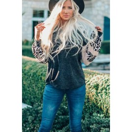 Gray Knit Contrast Puff Leopard Sleeves Top