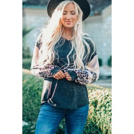 Gray Knit Contrast Puff Leopard Sleeves Top